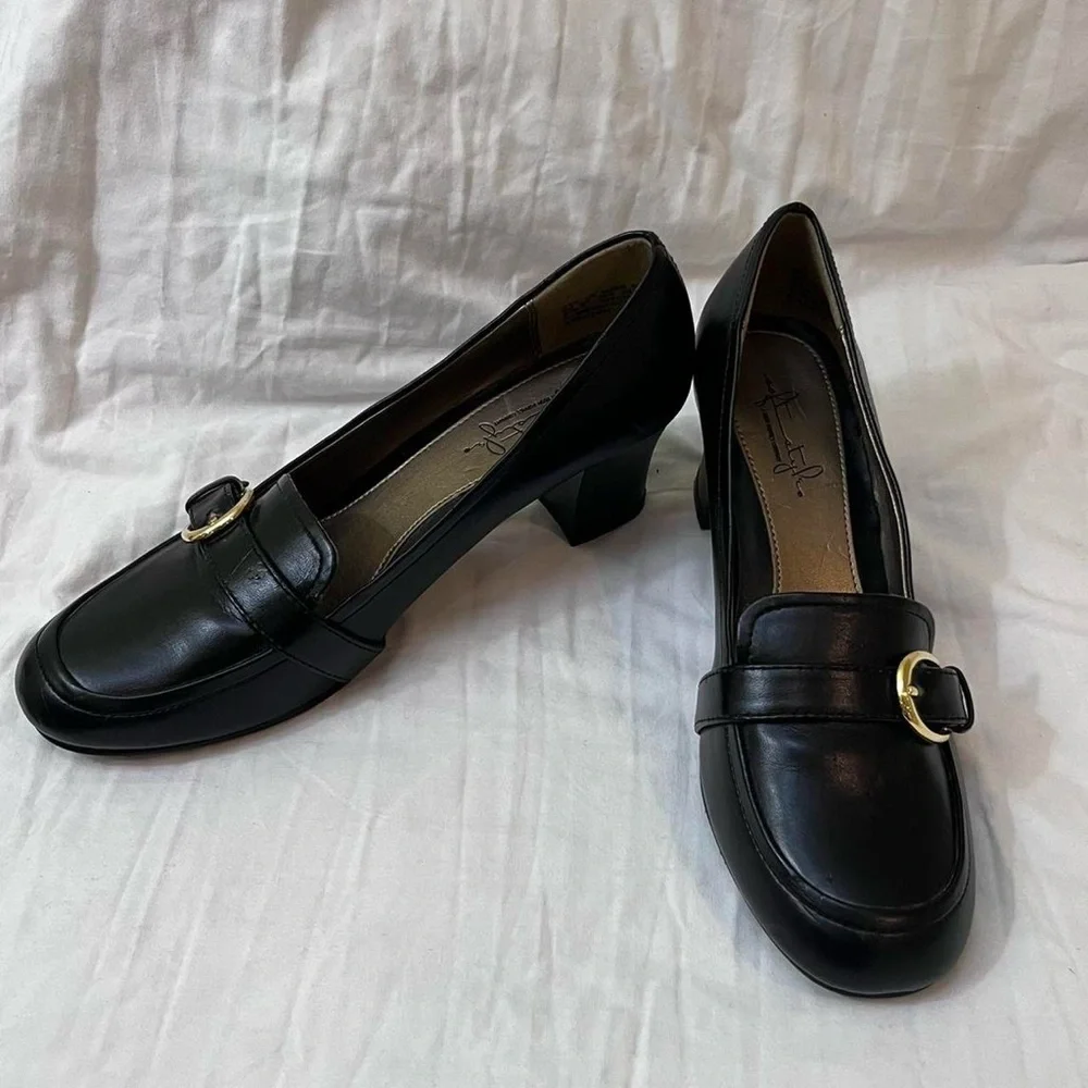 Black 2” Heeled Loafers with Buckle Detail Size 8‎